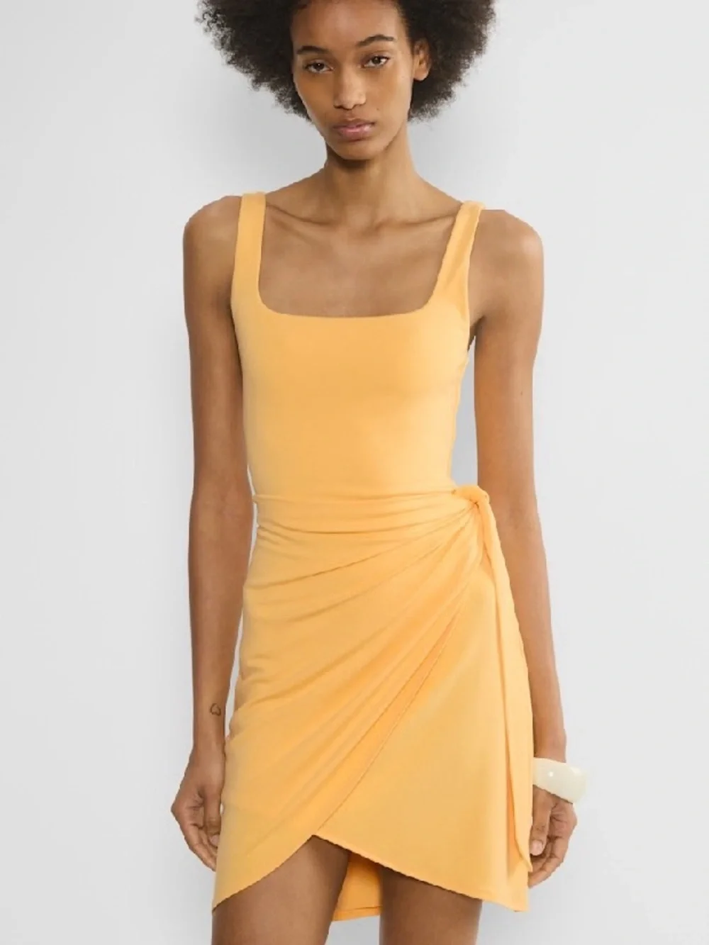 Wilfred Aritzia Saturn Mini Dress Size S Orange Yellow Square Neck Draped Wrap - Picture 4 of 13